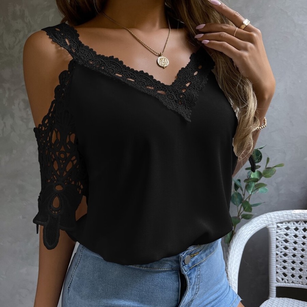 020 Bohemian Floral Lace Cold Shoulder Blouse - Picture 3 of 13